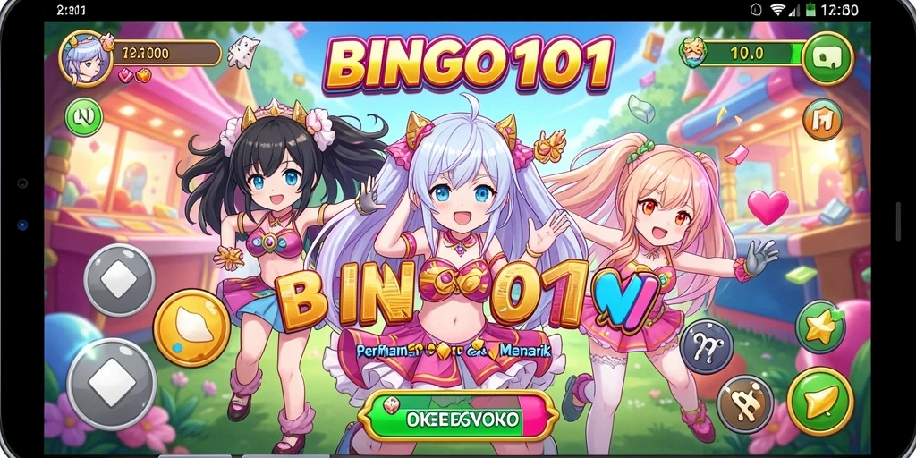 Tampilan gameplay menarik dari BINGO101 dengan karakter anime yang beragam.