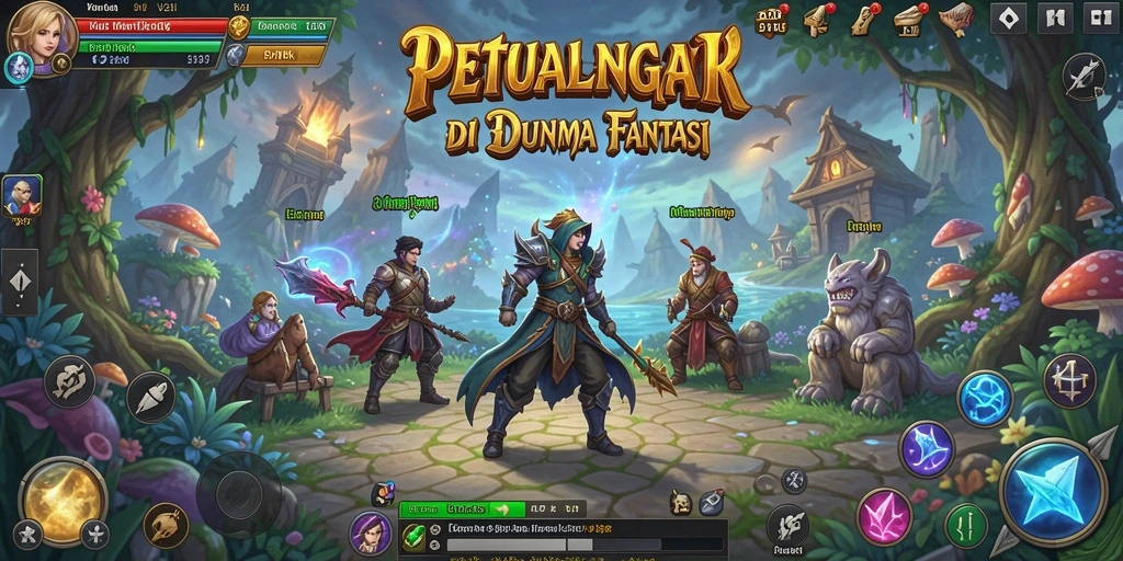 Screenshot gameplay V21 menampilkan pertarungan epik antara karakter di dunia fantasi.